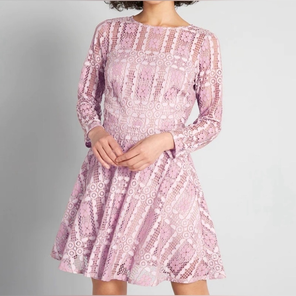 MODCLOTH Lavender Lace Overlay Eyelet Fit And Flare Mini Dress